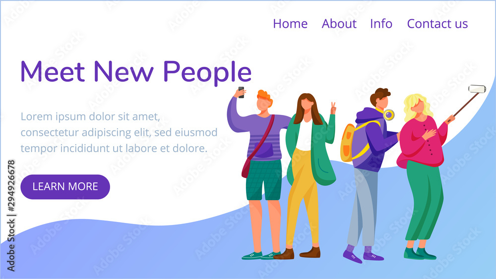 Meet new people landing page vector template. Making selfie with smartphone website interface idea with flat illustrations. Blogging homepage layout. Millennials web banner, webpage cartoon concept