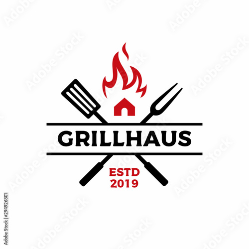 grill house fork spatula fire flame logo vector icon illustration