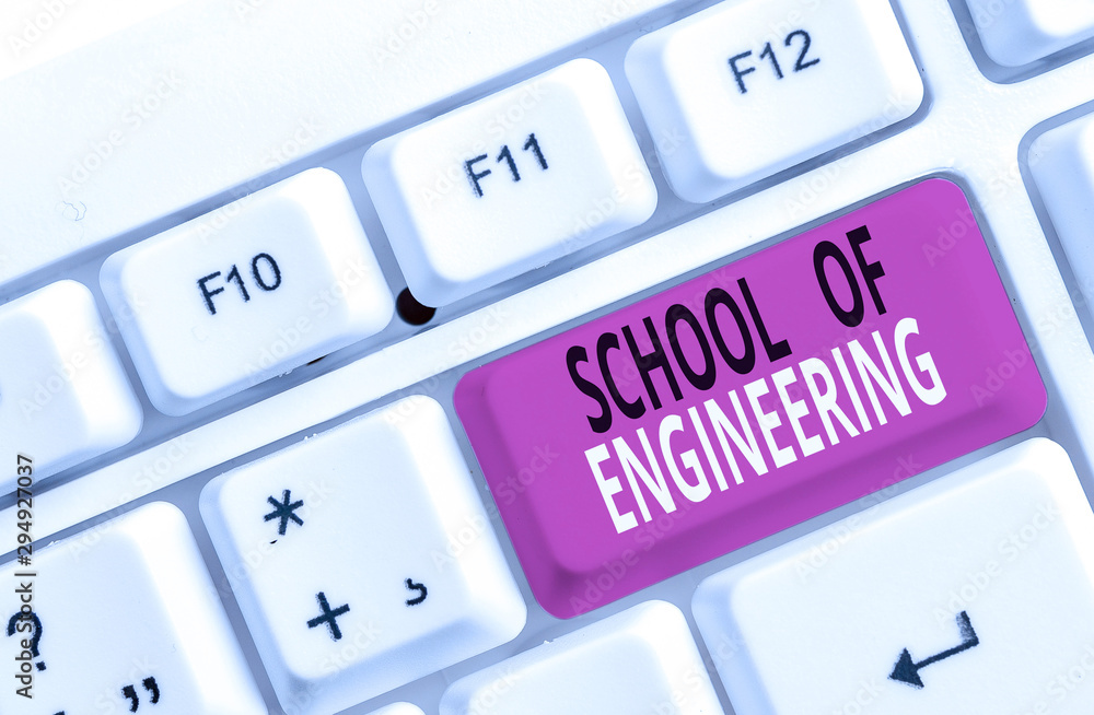 Word writing text School Of Engineering. Business photo showcasing college to study mechanical communication subjects White pc keyboard with empty note paper above white background key copy space Word writing text School Of Engineering. Business photo showcasing college to study mechanical communication subjects White pc keyboard with empty note paper above white background key copy space