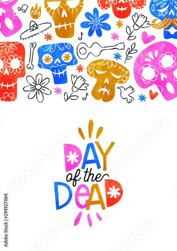 Day of the dead card colorful watercolor skull art