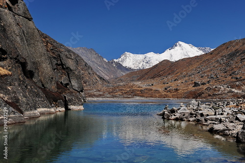 Nepal. Himalayan mountains. Snowy peaks of the Himalayas. Alpine glacial lakes. Snowy mountain peaks against the blue sky. © Oleksandr Umanskyi