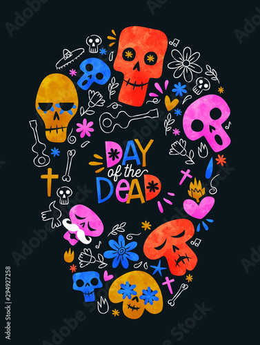 Day of the dead colorful mexican skull shape icons