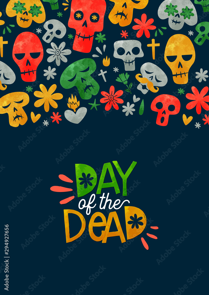 Day of dead cute watercolor mexican cartoon card