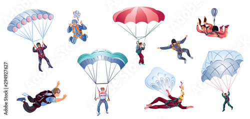 Colorful set of skydivers. Vector illustration in flat cartoon style
