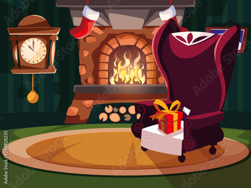 living room with chimney and christmas decoration