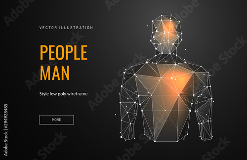 Male torso low poly landing page template. Anatomy science web banner. 3d human polygonal illustration. Brain activity, heart work, impulses and nerve points art homepage design layout