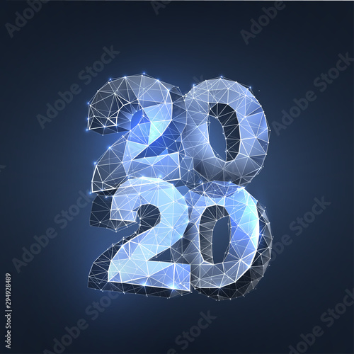 2020 polygonal banner template. Wireframe triangular glowing 3d numbers on blue background low poly illustration. New year congratulating poster, greeting card, postcard design layout