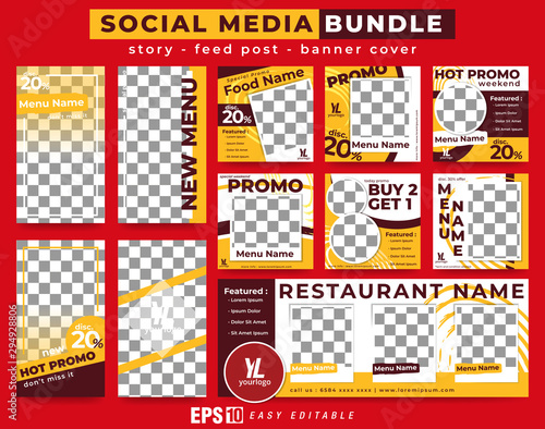 Set of Social Media Bundle Template for Food Promotion with Modern Trendy Design . Good for Feed Post , Story Post included Banner Cover.