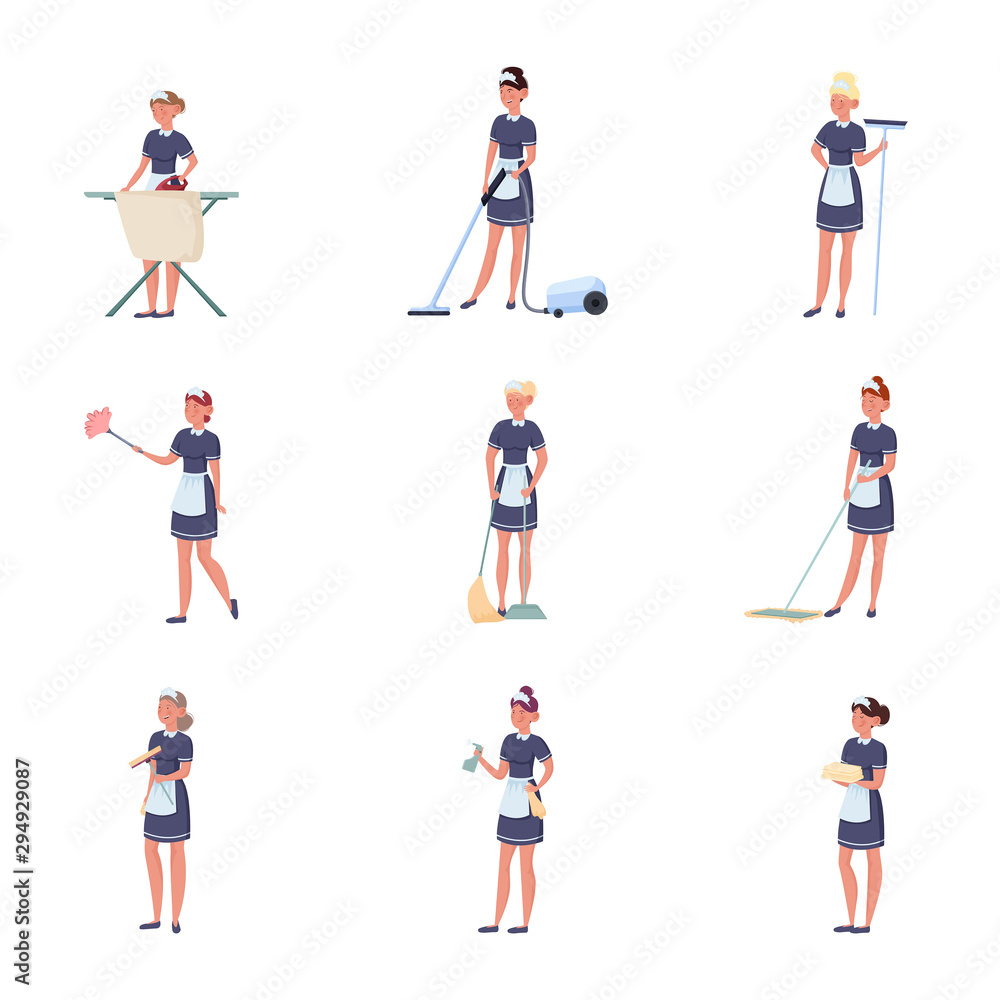 Set of women maids making housekeeping work vector illustration