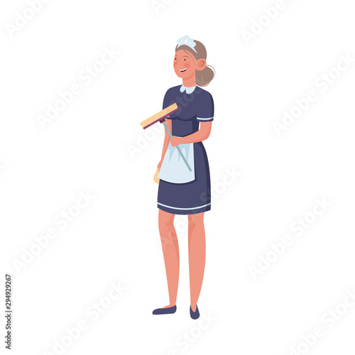Young woman maid holding cleaning brush in hand vector illustration