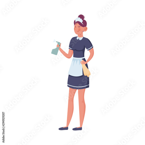 Young maid holding cleaning spray and cloth vector illustration