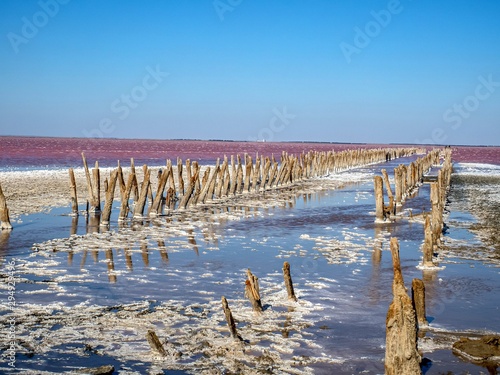 Fotografie Salt lake with pink color of water, which associated with the activity of unicel
