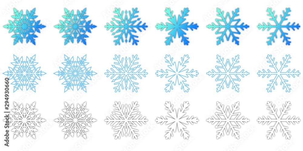 Snow flakes set of different styles on white background