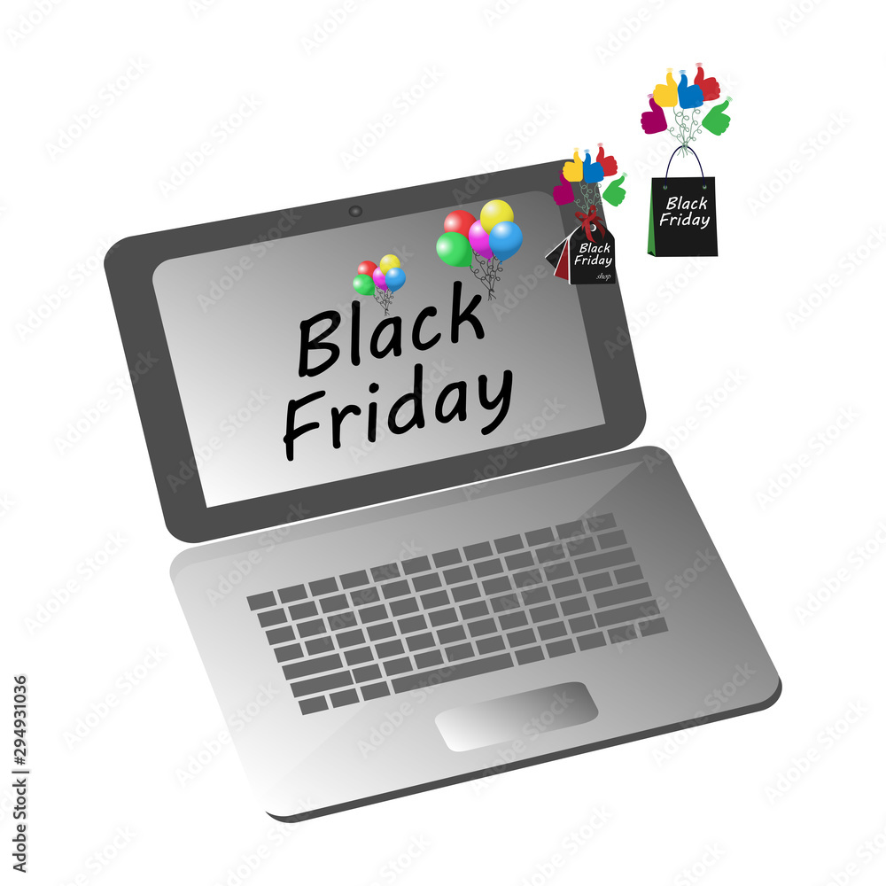 Festive Black Friday sale design with laptop and balloons. Web banner, logo, emblem and label, bright signs. Festive Black Friday sale design with laptop and balloons. Web banner, logo, emblem and label, bright signs.