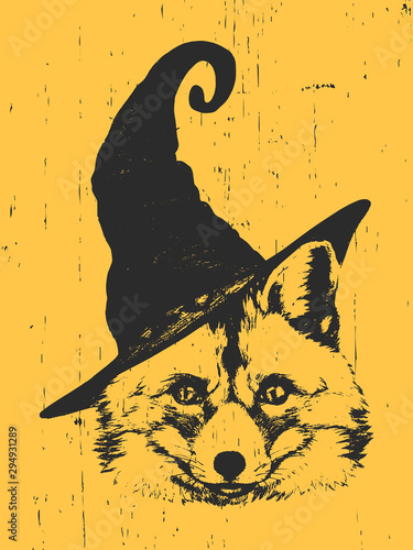 Portrait of Fox with witch hat. Halloween illustration. Vector