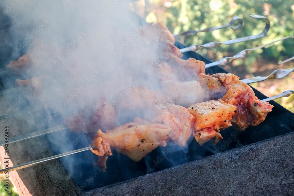 Juicy marinated meat on skewers, in the smoke on the grill. Meat recipes. The concept of outdoor recreation Juicy marinated meat on skewers, in the smoke on the grill. Meat recipes. The concept of outdoor recreation