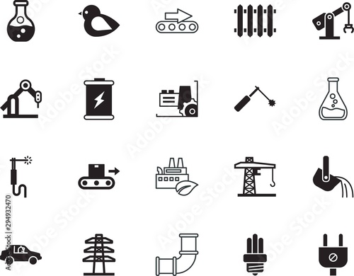 factory vector icon set such as: led, idea, smoke, gasoline, pole, mill, alkaline, fluorescent, weight, lightbulb, architecture, lines, heating, pressure, pylon, connect, pipeline, sensor, crane
