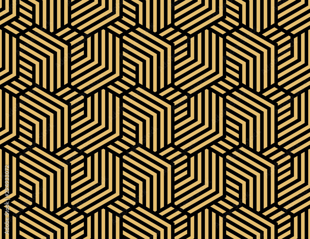 Abstract geometric pattern with stripes, lines. Seamless vector background. Gold and black ornament. Simple lattice graphic design Abstract geometric pattern with stripes, lines. Seamless vector background. Gold and black ornament. Simple lattice graphic design