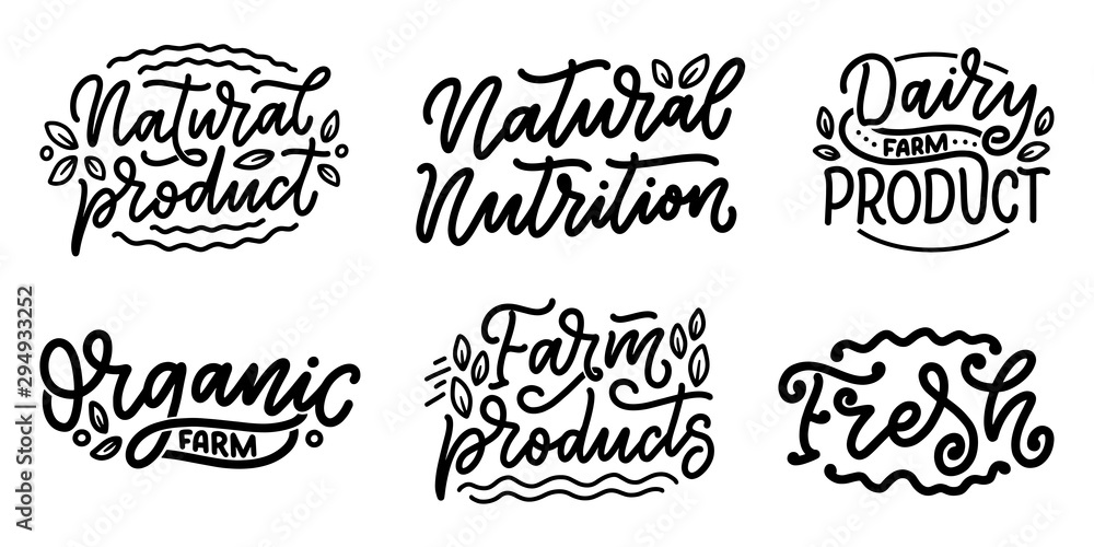 Lettering quotes, great design for any purposes. Vector slogans for logotype creation. Tasty breakfast. Diet food. Logo healthy nutrition packaging.