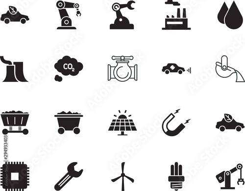 factory vector icon set such as: direction, refinery, bolt, generator, reactor, button, co2, traffic, shape, rain, assist, thermal, system, support, text, splash, thin, sensing, formula, slag