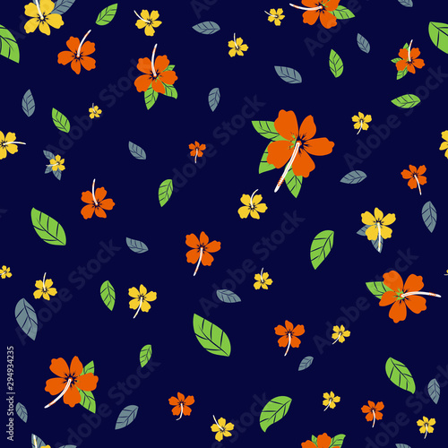 Leaves and flowers hibiscus hand drawn seamless pattern. Abstract green plants drawing. Scandinavian style naive backdrop. Exotic, tropical split leaves. Botanical wrapping paper, textile flat design © Оксана Волкова
