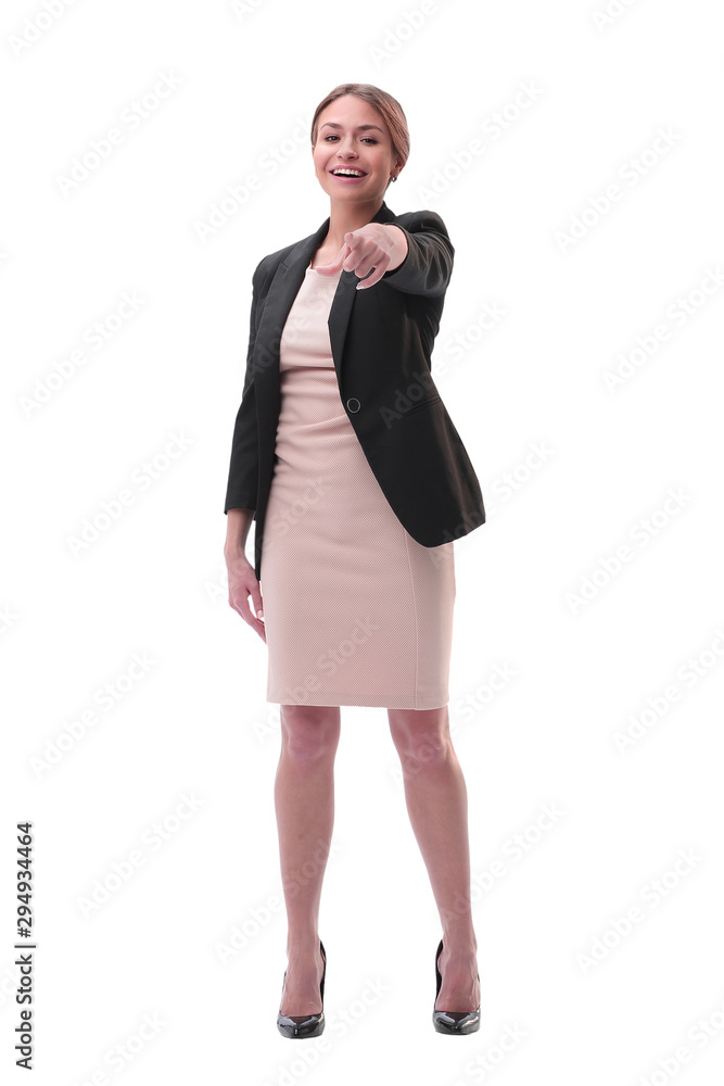 full length . young businesswoman pointing at you full length . young businesswoman pointing at you