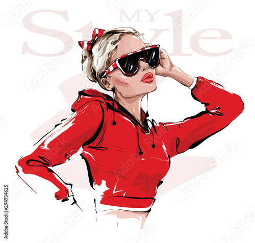 Hand drawn beautiful young woman in sunglasses. Stylish girl in red sweatshirt. Fashion woman look. Vector illustration.
