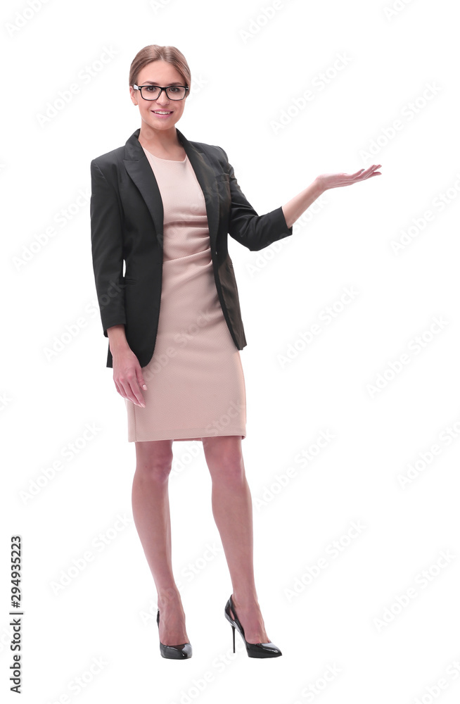 Businesswoman holding blank copy space on her open palm standing in full length Businesswoman holding blank copy space on her open palm standing in full length