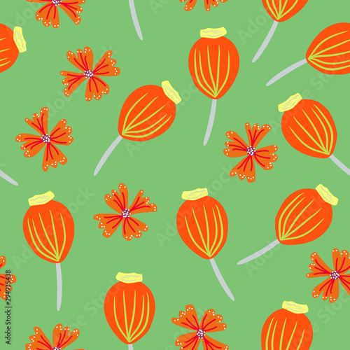 Floral hand drawn seamless pattern. Orange flowers in scandinavian style. flat hand drawn backdrop. Spring, summer holidays presents and gifts wrapping paper,For textiles, packaging, fabric, wallp