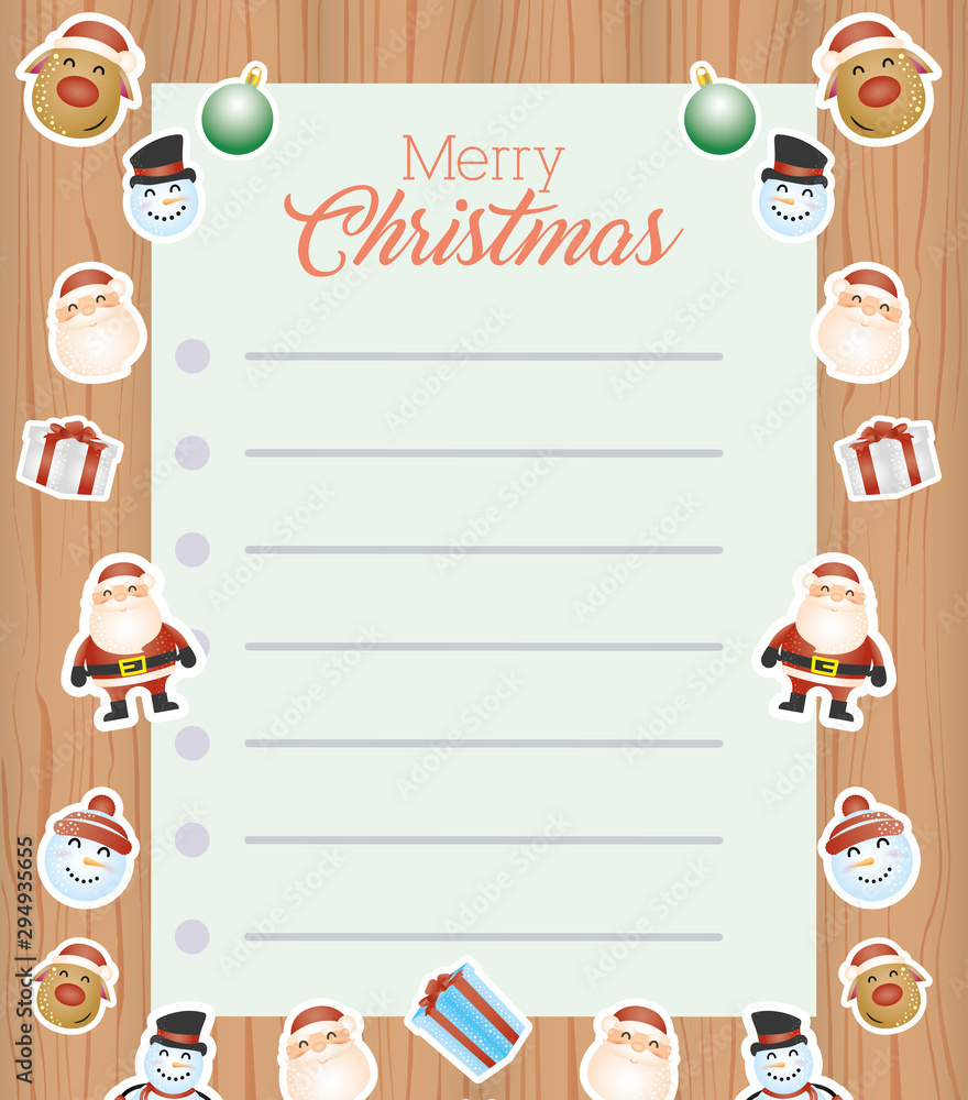 Fototapeta premium merry christmas card with letter sheet and characters