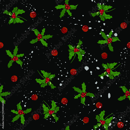 Christmas hand drawn seamless vector pattern with holly and bells. Xmas sketch texture. Winter holiday illustration. New Year textile, wrapping paper, background design