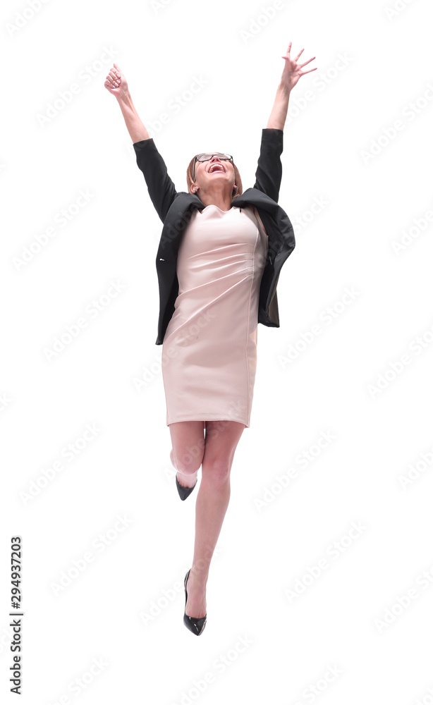 Obraz premium full length . happy young business woman looking up