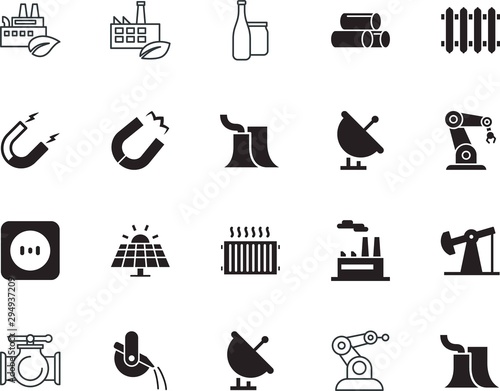 factory vector icon set such as: mill, sunlight, jack, casting, petroleum, slag, material, fresh, cell, drain, pipes, health, socket, european, art, automation, rig, smelting, pumpjack, beer, molten