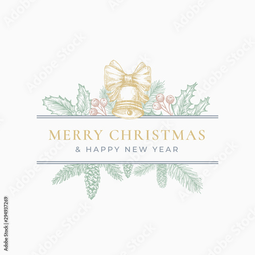 Merry Christmas Greeting Card or Label. Frame Banner with Vintage Typography and Hand Drawn Holiday Illustrations. Bell, Ribbon, Holly, Fir-needle and Strobile Branches. Pastel Colors Layout.