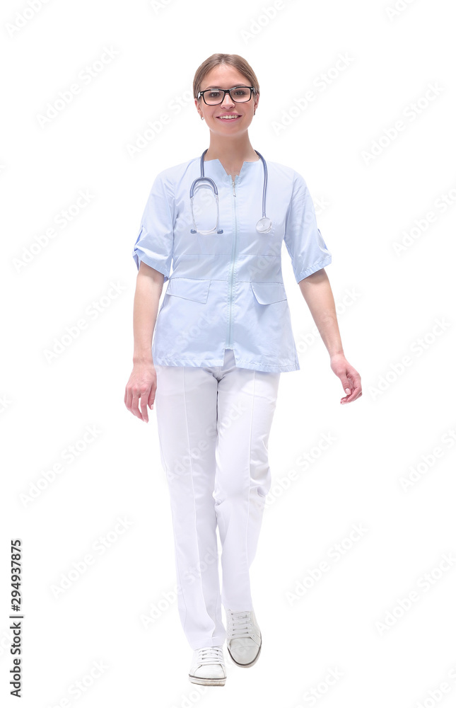 friendly medical doctor woman stepping forward . isolated on white friendly medical doctor woman stepping forward . isolated on white