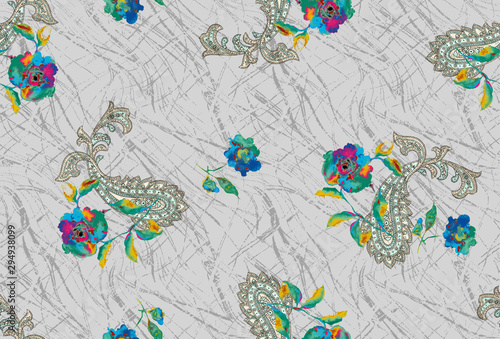 seamless Indian paisley motif background with colorful flower