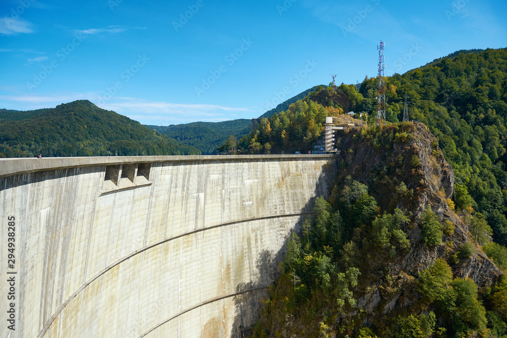 Hydropower construction, waterworks Dam Vidrau on Transfagarash highway in Romania. Dam and reservoir on Lake Vidraru.