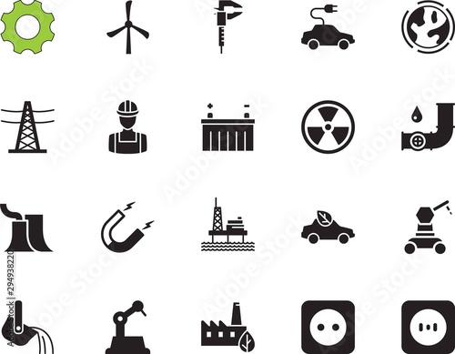 factory vector icon set such as: cogwheel, motion, gears, technical, rig, molten, magnetism, calipers, geography, metric, attract, button, extraction, ladle, grid, engineer, measurement, center, sea