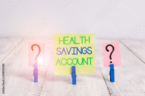 Conceptual hand writing showing Health Savings Account. Concept meaning users with High Deductible Health Insurance Policy Crumbling sheet with paper clips placed on the wooden table photo