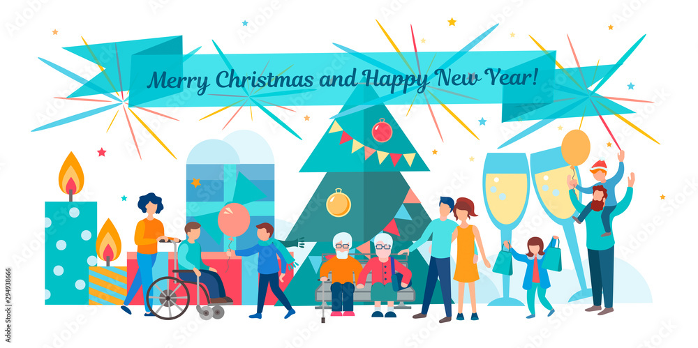 Happy Christmas and new year with family, elderly relatives and disabled people celebrate Christmas with their family