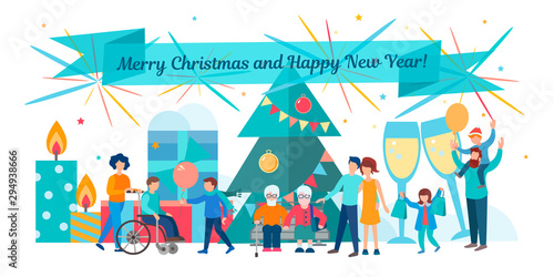 Happy Christmas and new year with family, elderly relatives and disabled people celebrate Christmas with their family