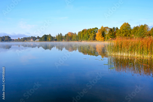 Morning mood at a lake. Morning autumn fog over meadows and water. Autumn season. 