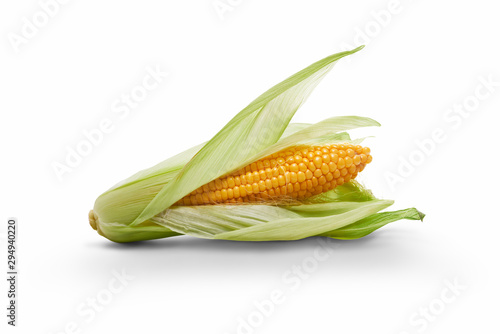 Leinwand Poster Golden ripe open corn on the cob, corncob, isolated against a white background
