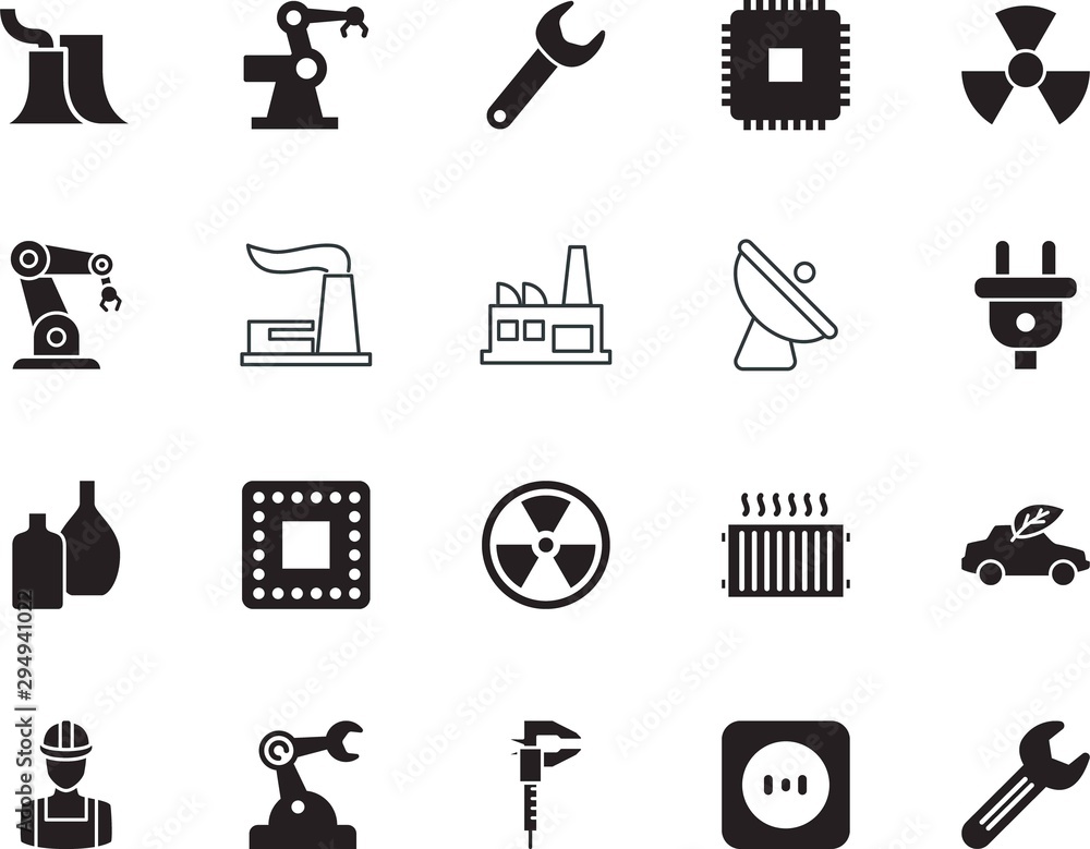 factory vector icon set such as: liquid, gray, set, hard, builder, different, fresh, caliper, precision, measurement, central, interface, chemical, supply, metric, milk, voltage, shiny
