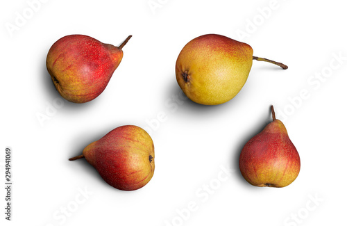 A collection of ripe juicy golden red pears isolated against a white background.