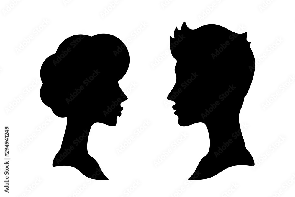 Man and woman side profile head silhouettes isolated