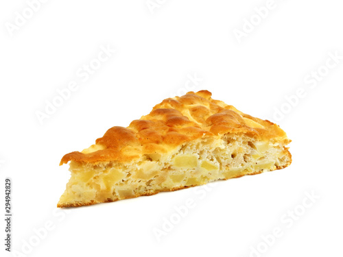 Piece of apple pie isolated on white background. Charlotte cake on breakfast. Homemade healthy food.       