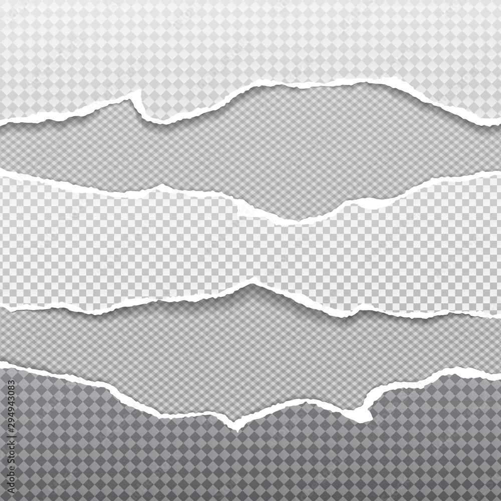 Pieces of torn squared realistic horizontal paper strips with soft shadow are on dark grey background. Vector illustration