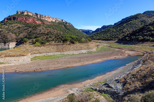View of almost empty Siurana water reservoir  Tarragona  Spain