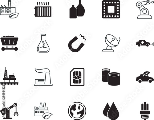 factory vector icon set such as: cellphone, platform, bright, development, thermal, friendly, traffic, beverage, radar, planet, mineral, central, hydraulic, scientific, global, attraction, automation